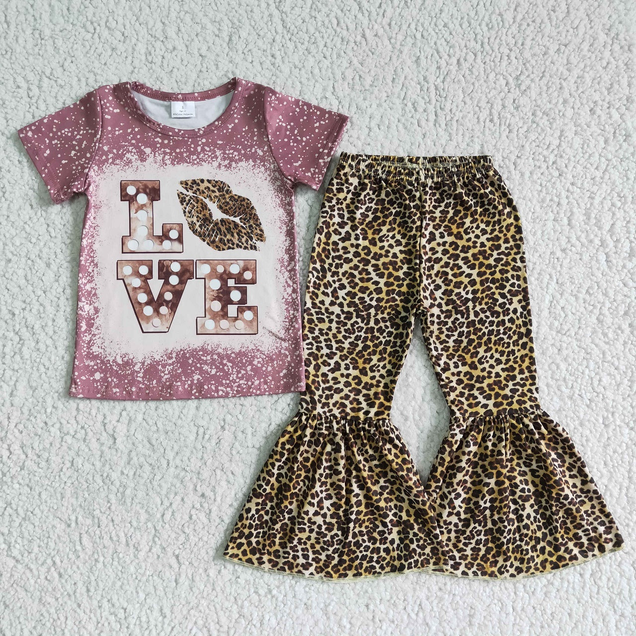 Promotion Aa-4 Baby Girl Short Sleeves Love Shirt Leopard Bell Pants Set