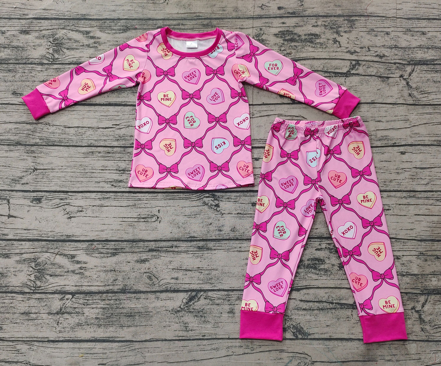 Baby Girl Long Sleeves Valentines Hearts Bows Shirt Pants Pajamas Clothes Pink Set