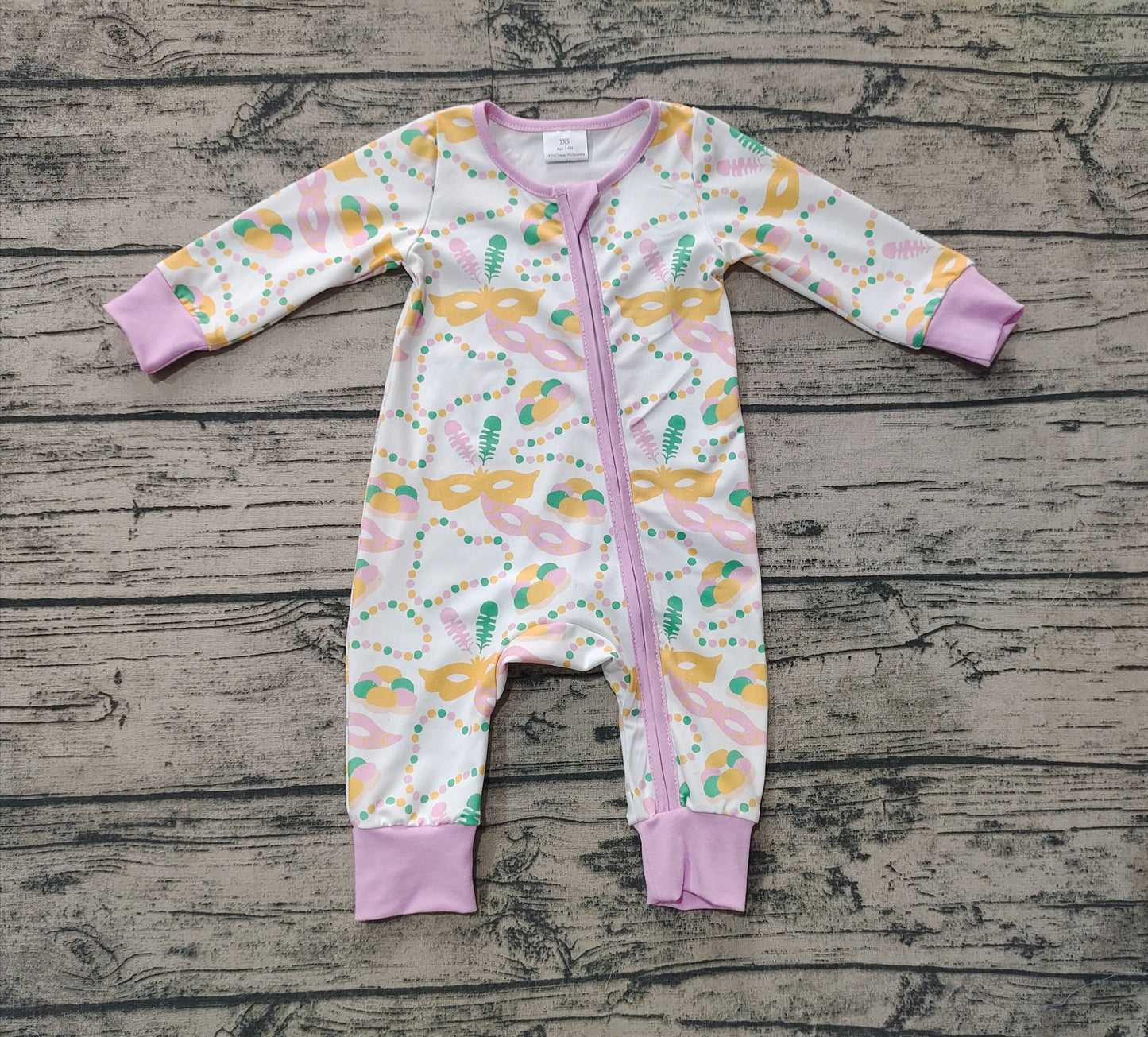 Baby Girl Infant Long Sleeves Mardi Gras Masks Purple Zipper Romper