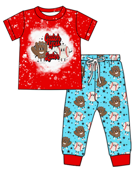 Baby Boy Red Short Sleeves Baseball Shirt Pants Clothes Set Moq 5