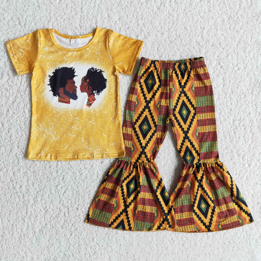 Promotion Baby Girl Short Sleeves Shirt Bell Pants Black History Set RTS