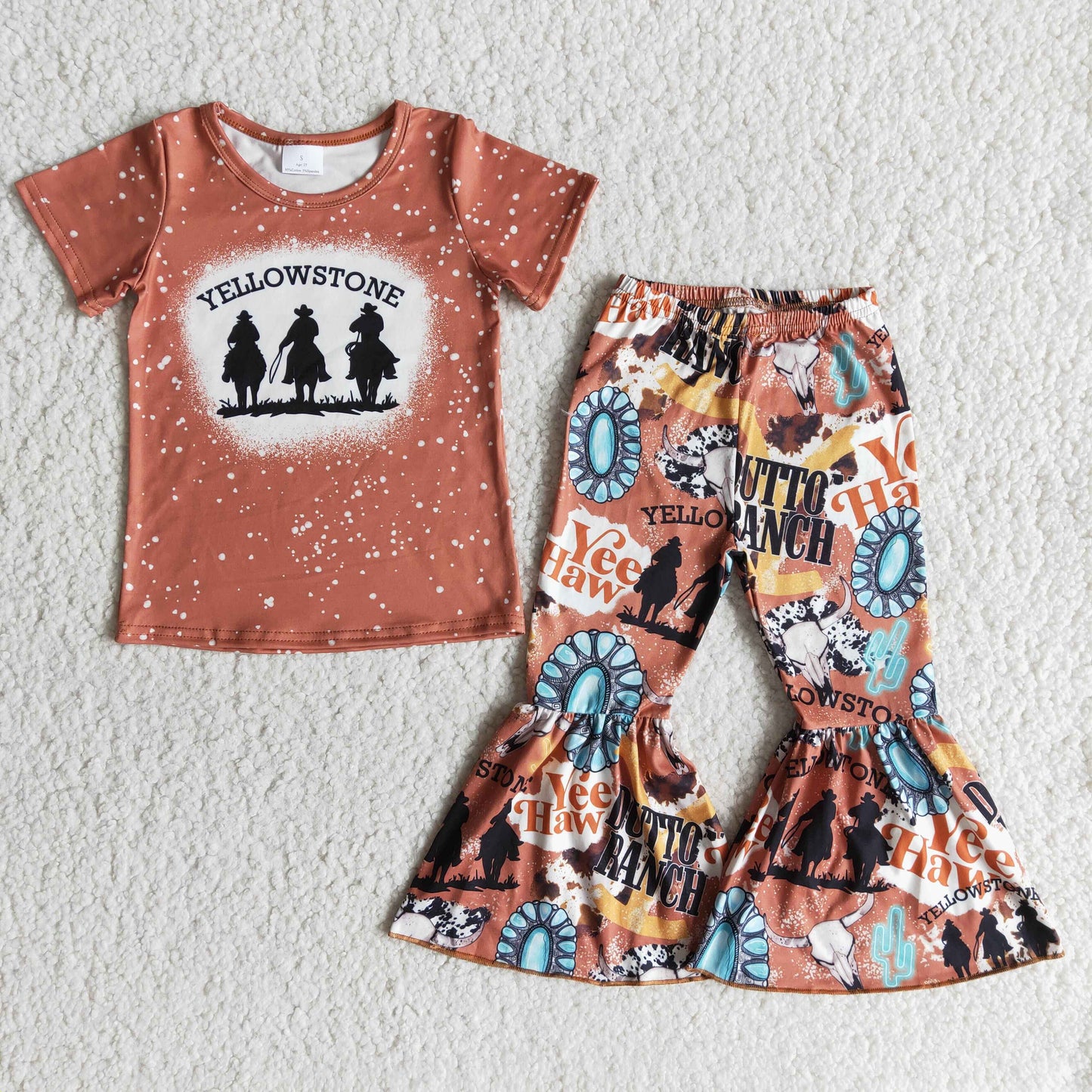 Promotion Baby Girl Short Sleeves Western Rodeo Shirt Bell Pants Set RTS