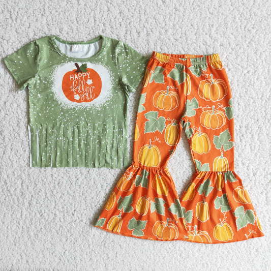 Promotion Baby Girl Short Sleeves Pumpkin Tassel Bell Pants Fall Outfit