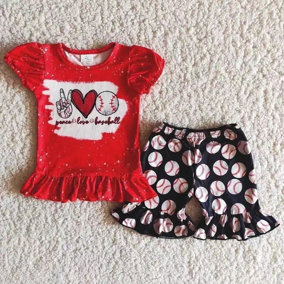 Promotion Baby Girl Short Sleeves Peace Love Baseball Shirt Ruffle Shorts Outfit RTS