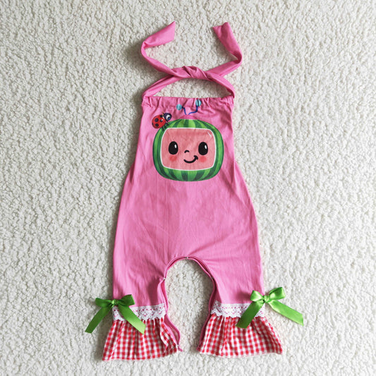 Promotion Baby Girl Halter Cartoon Melon Pink Romper RTS