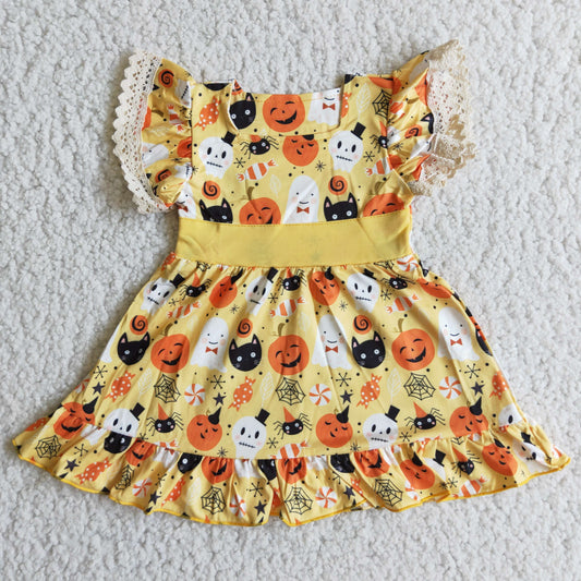 Promotion Baby Girl Short Sleeves Pumpkin Halloween Dress RTS