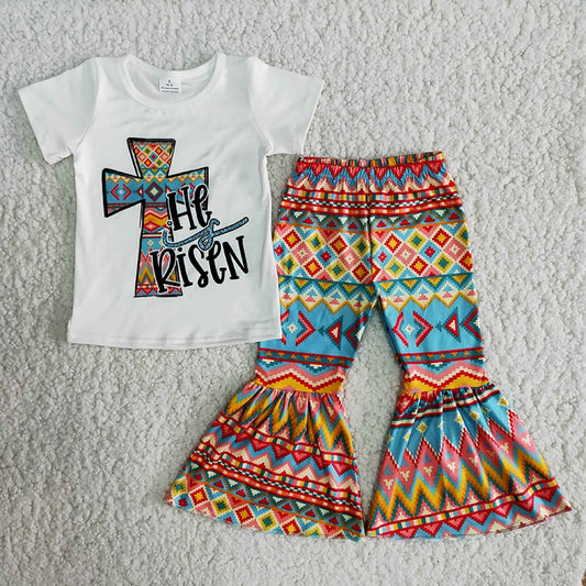 Promotion Baby Girl He is Risen Cross Bell Pants Easter Set RTS