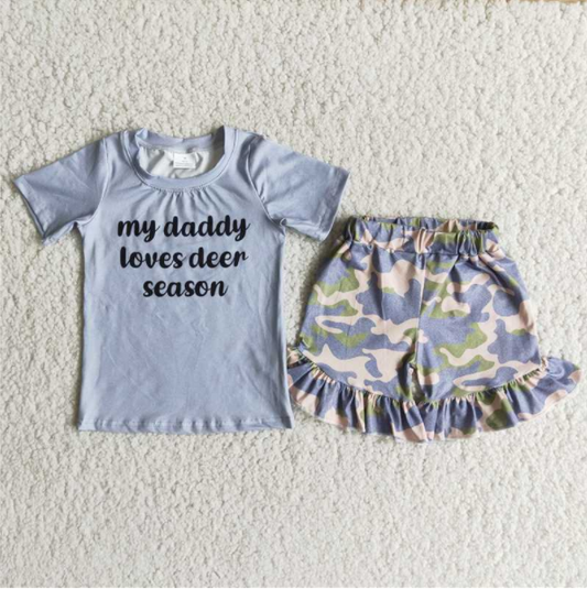 Promotion Baby Girl Short Sleeves Daddy Shirt Camo Ruffle Shorts Grey Set RTS