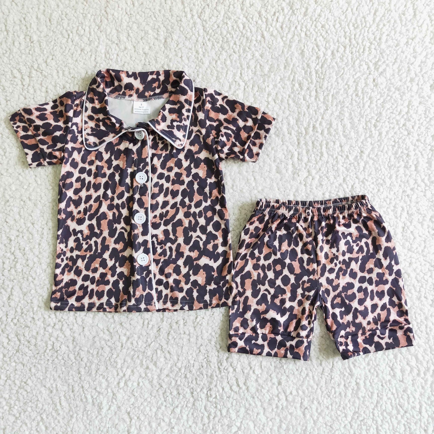 Promotion Baby Girl Short Sleeves Leopard Buttons Shirt Pajamas Shorts Outfit RTS
