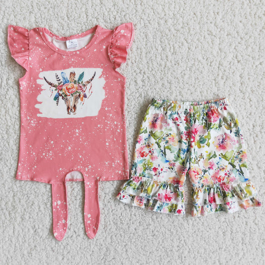 Promotion Baby Girl Short Sleeves Cow Shirt Flower Ruffle Shorts Western Set RTS