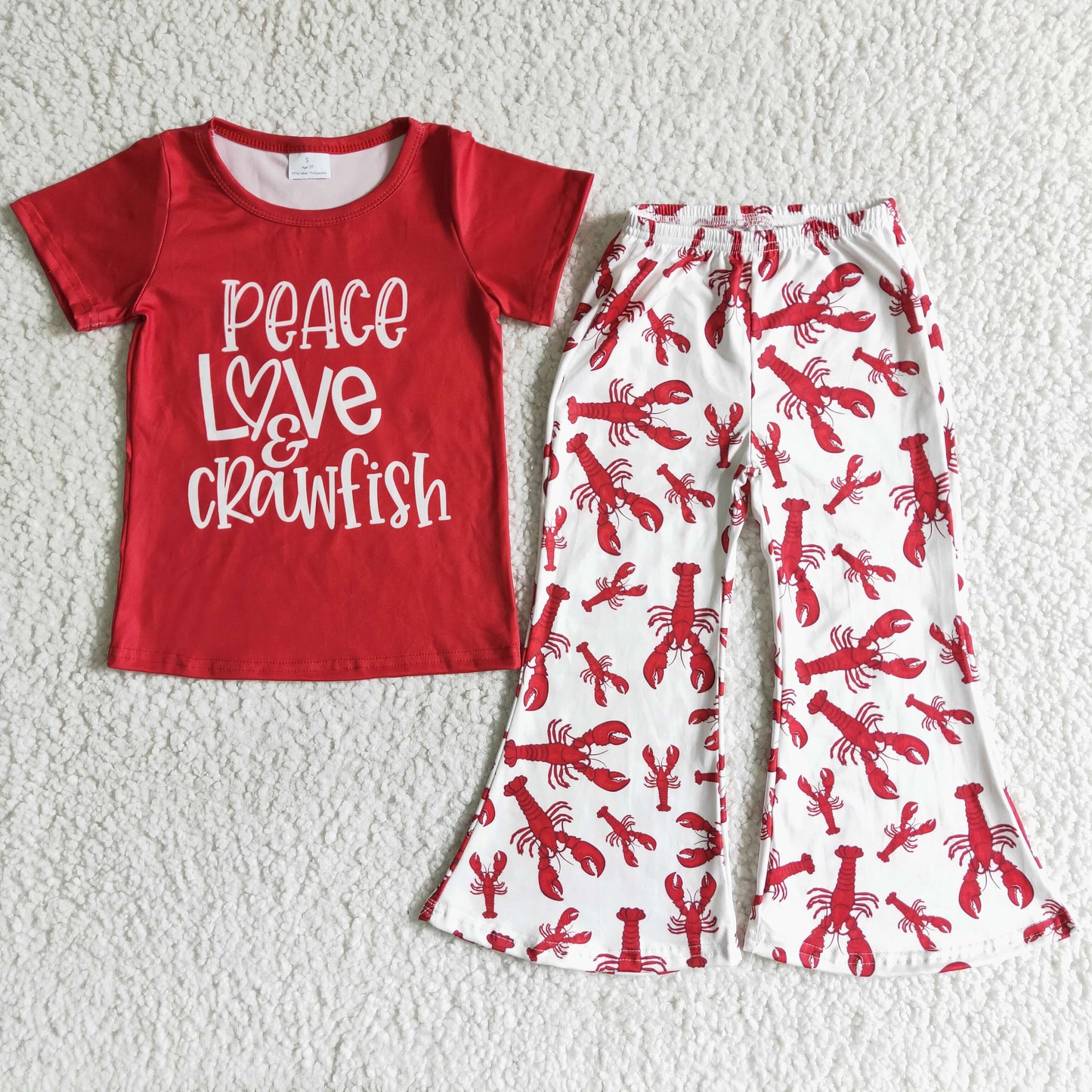 Promotion Baby Girl Red Short Sleeves Shirt Crawfish Pants Set
