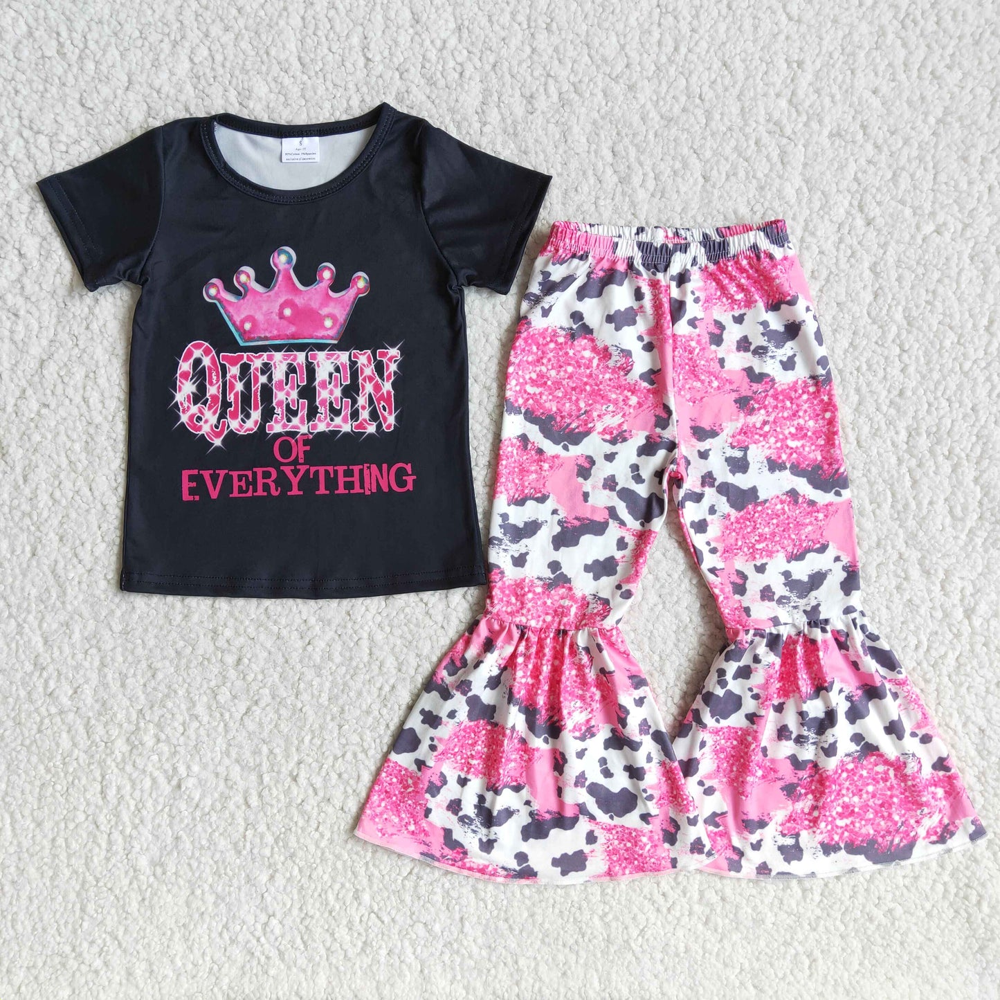Promotion Baby Girl Short Sleeves Queen Shirt Western Cow Print Pink Bell Pants Outfit