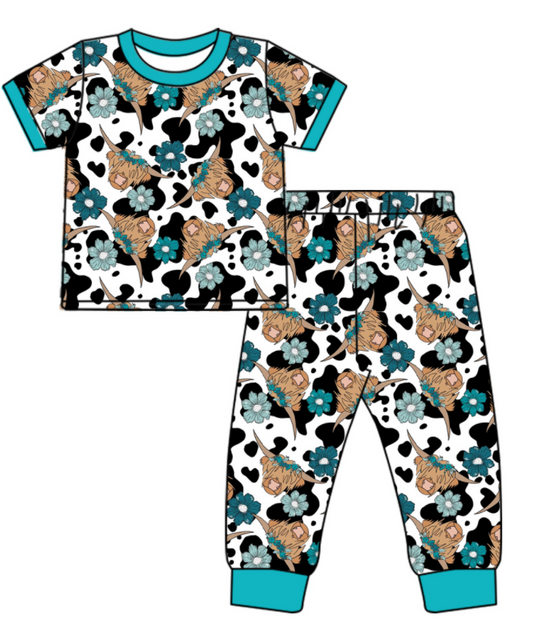 Baby Girl Short Sleeves Shirt Western Cow Flower Pants Pajamas Clothes Set Moq 5