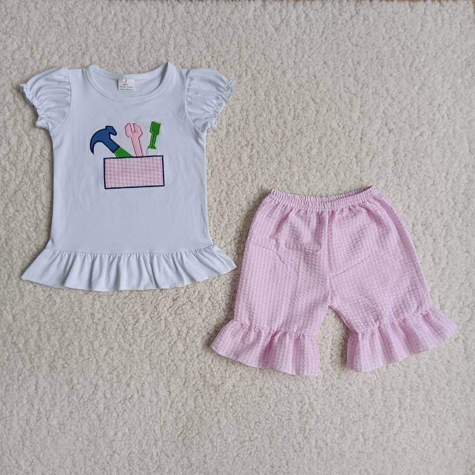 Promotion Baby Girl Short Sleeves Embroidery Tools Shirt Pink Shorts Set
