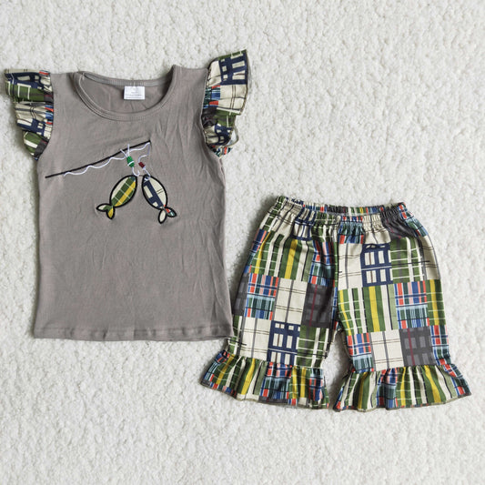 Promotion Baby Girl Embroidery Fish Grey Shirt Plaid Shorts Stripes Shorts Set  RTS