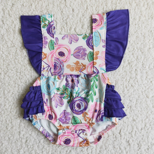 Promotion Baby Girl Short Sleeves Purple Floral Summer Bubble Romper