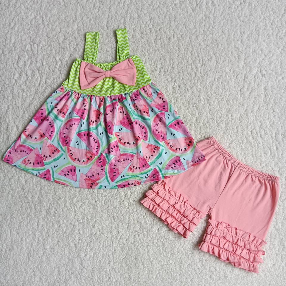 Promotion Baby Girl Watermelon Tunic Pink Ruffle Cotton Shorts Summer Outfit