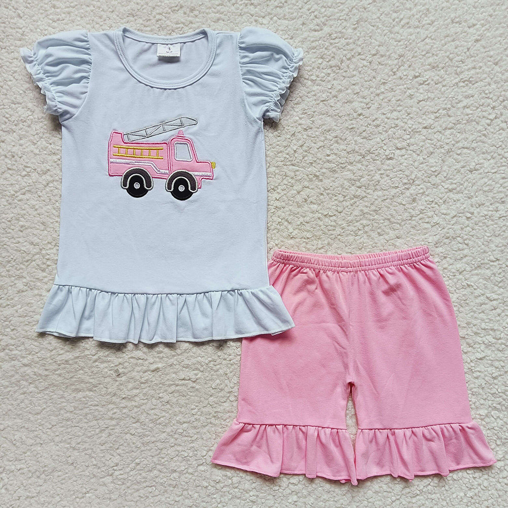 Baby Boy Girl Short Sleeves Embroidery Trucks Shirt Shorts Sibling Clothes Set RTS
