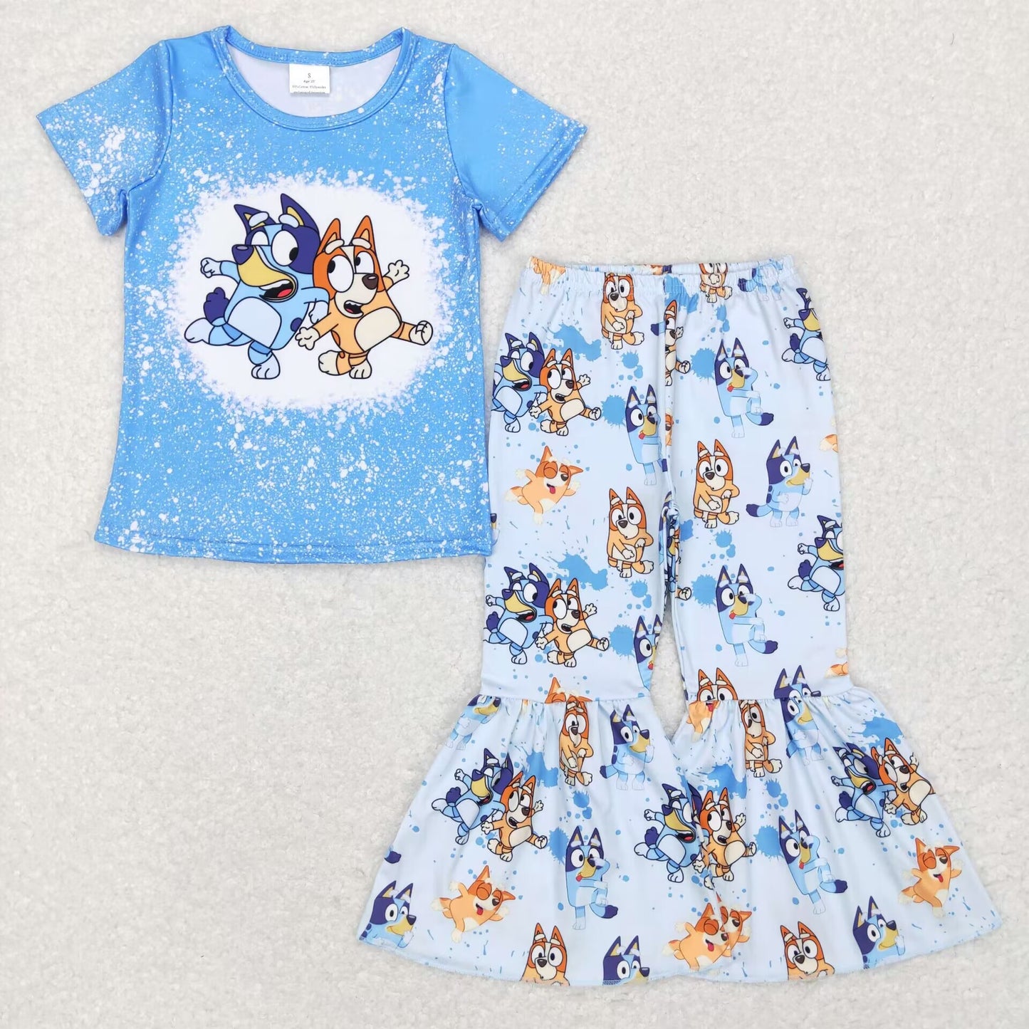 GSPO1059 Baby Girl Short Sleeves Dogs Shirt Bell Pants Blue Outfit