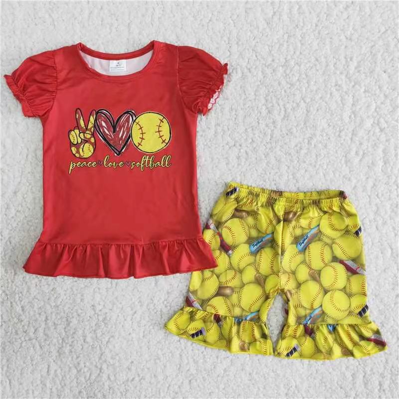 Promotion Baby Girl Short Sleeves Peace Love Softball Shirt Ruffle Shorts Outfit RTS