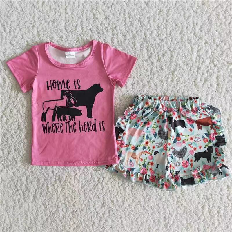 Promotion Baby Girl Short Sleeves Farm Pink Shirt Flower Shorts Set RTS