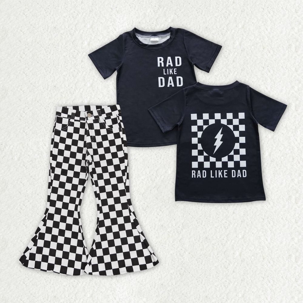 GSPO1410 Baby Girl Black Short Sleeves Dad Shirt Checkered Denim Bell Pants Set
