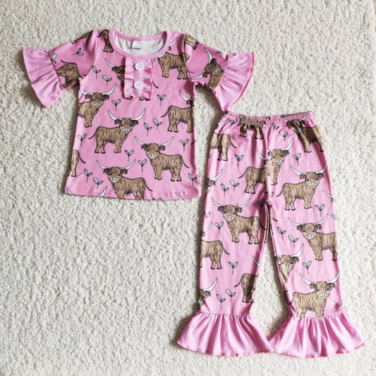 Promotion Baby Girl Short Sleeves Shirt Western Cow Print Pants Pajamas Set RTS