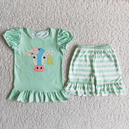 Promotion Baby Girl Summer Short Sleeves Cow Shirt Green Stripes Shorts Western Set RTS