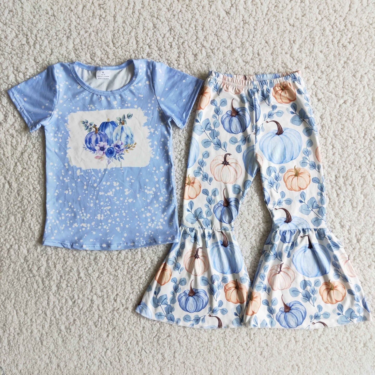 Promotion Baby Girl Blue Short Sleeves Pumpkin Shirt Bell Pants Outfit RTS