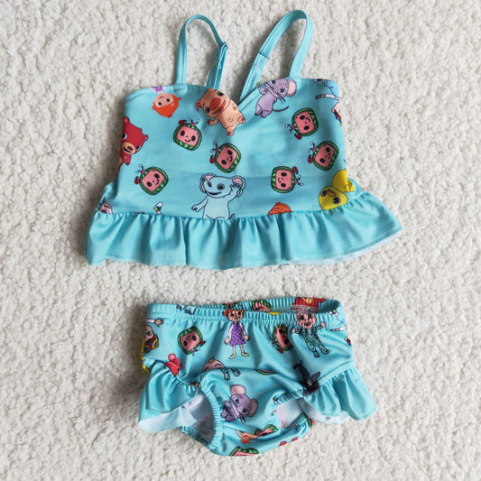 Promotion Baby Girl Straps Cartoon Melon Tops Shorts Green Bathing Swimwear Set RTS