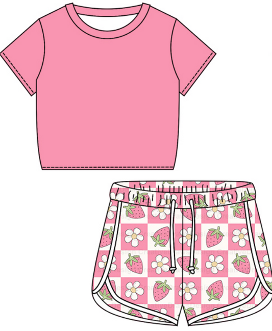 Baby Girl Short Sleeves Shirt Strawberry Flower Shorts Clothes Set Moq 5