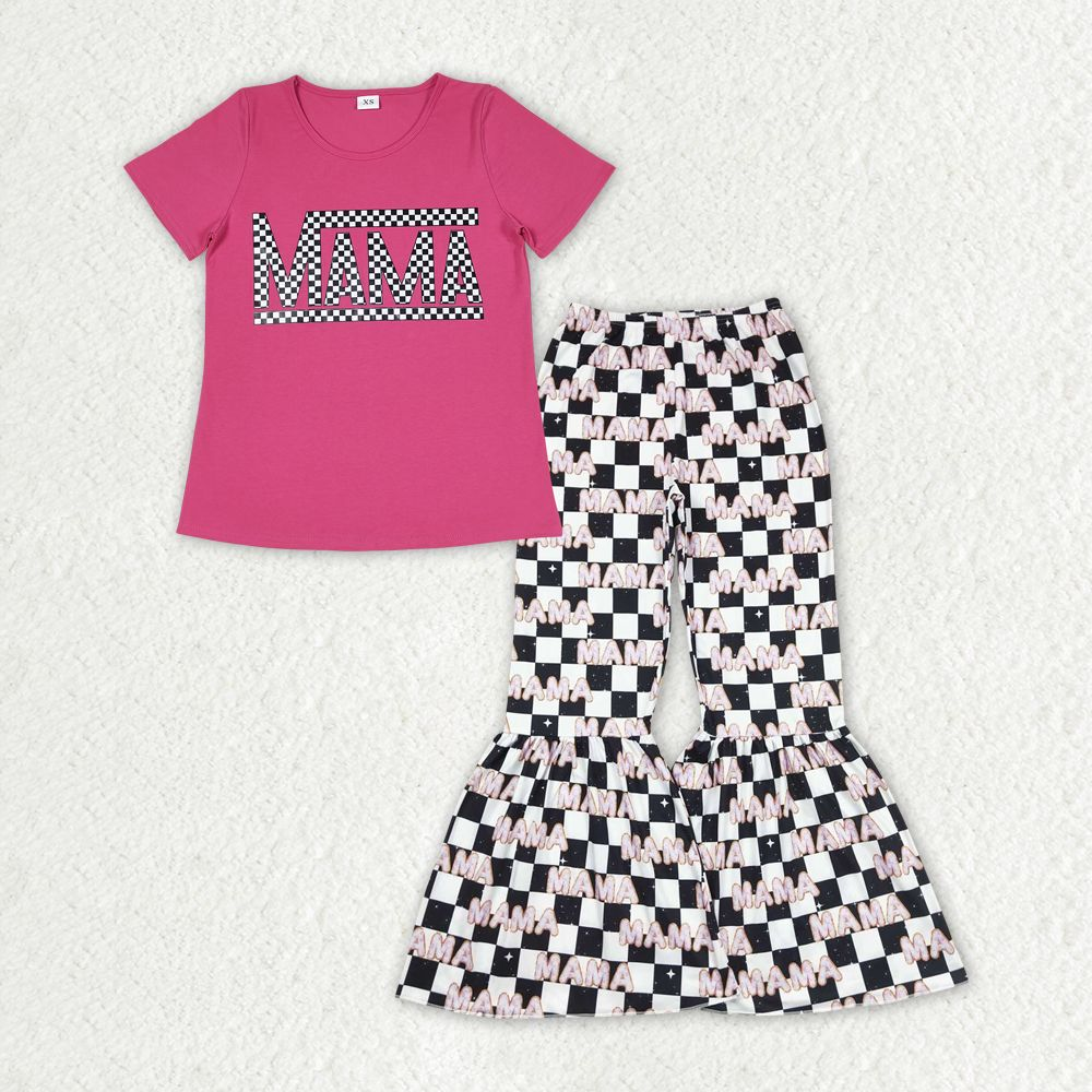 Adult Women Pink Short Sleeves Mama Shirt Checked Bell Pants Set