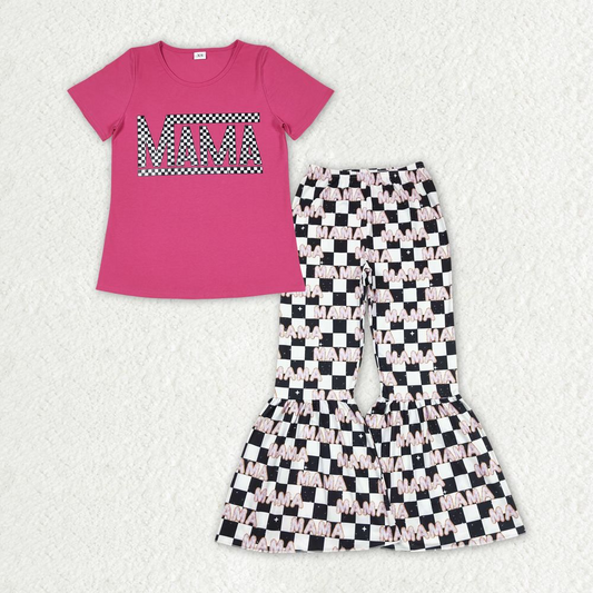 Adult Women Pink Short Sleeves Mama Shirt Checked Bell Pants Set