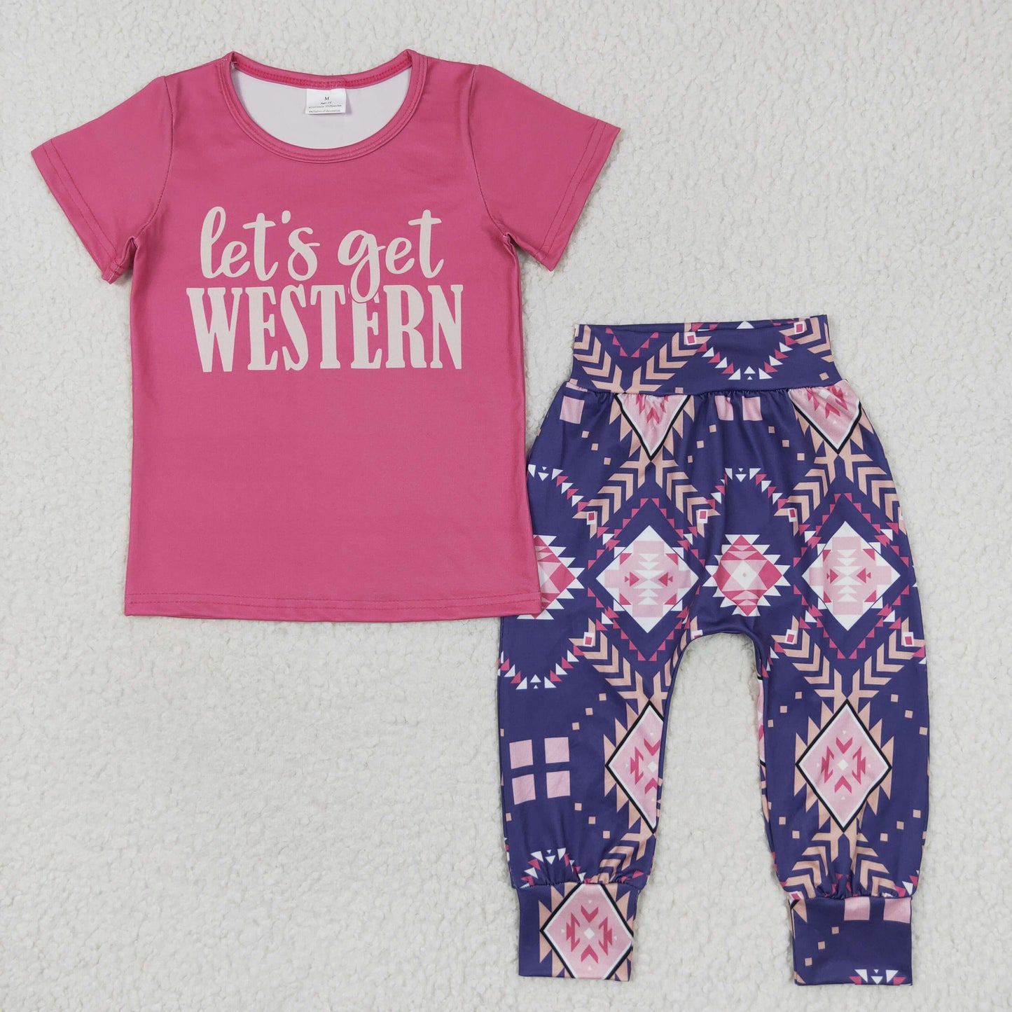 GSPO0727 Baby Girl Short Sleeves Let's Go Western Shirt Pants Outfit
