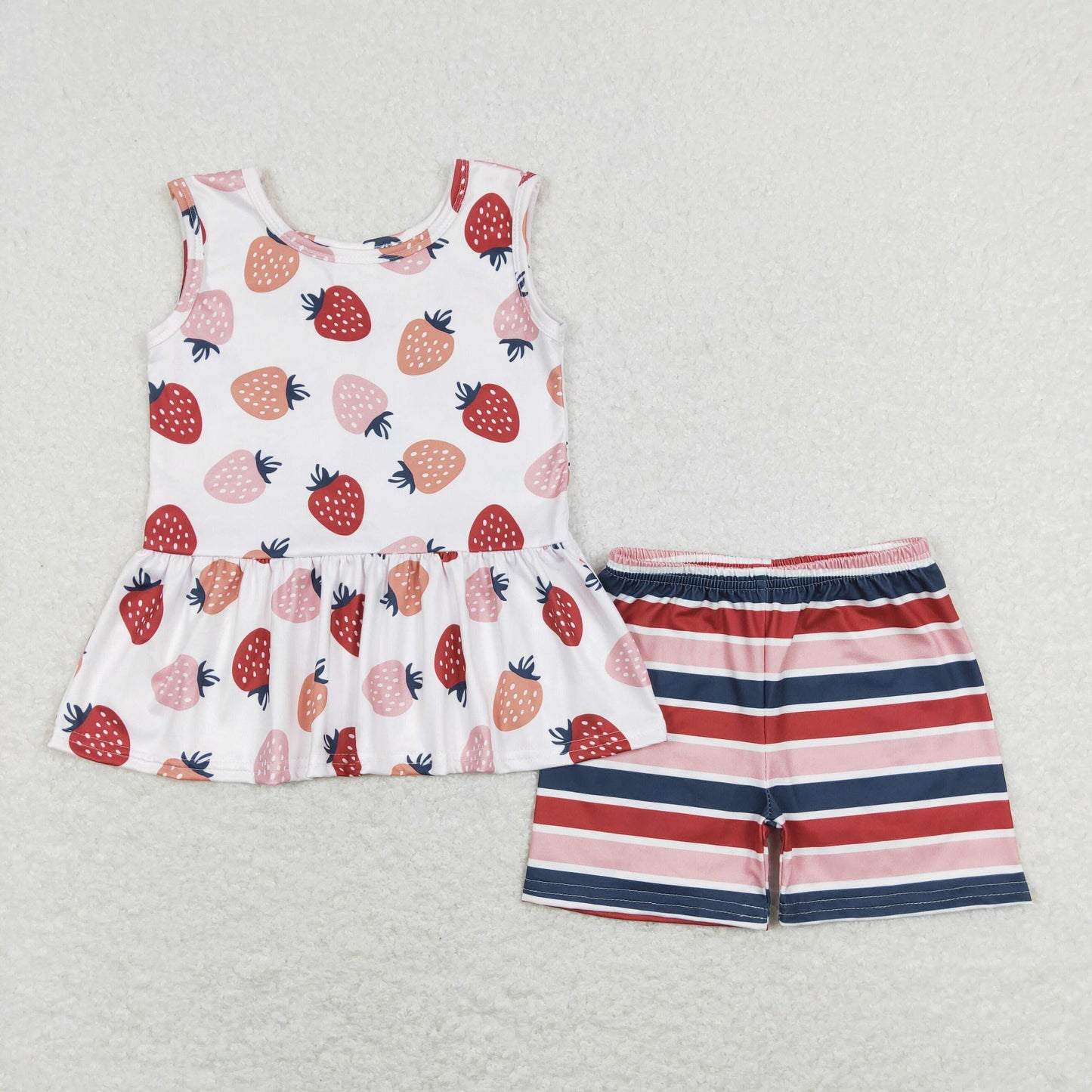 GSSO0505 Baby Girl Sleeveless Strawberry Tops Stripes Shorts Set