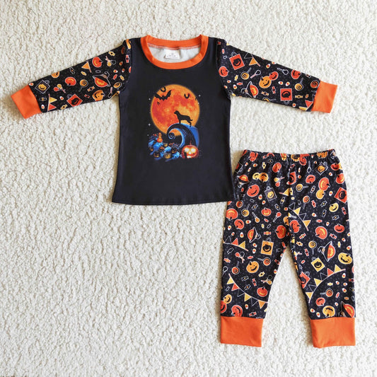 Promotion Baby Boy Halloween Long Sleeves Shirt Pumpkin Pants Kids Outfit