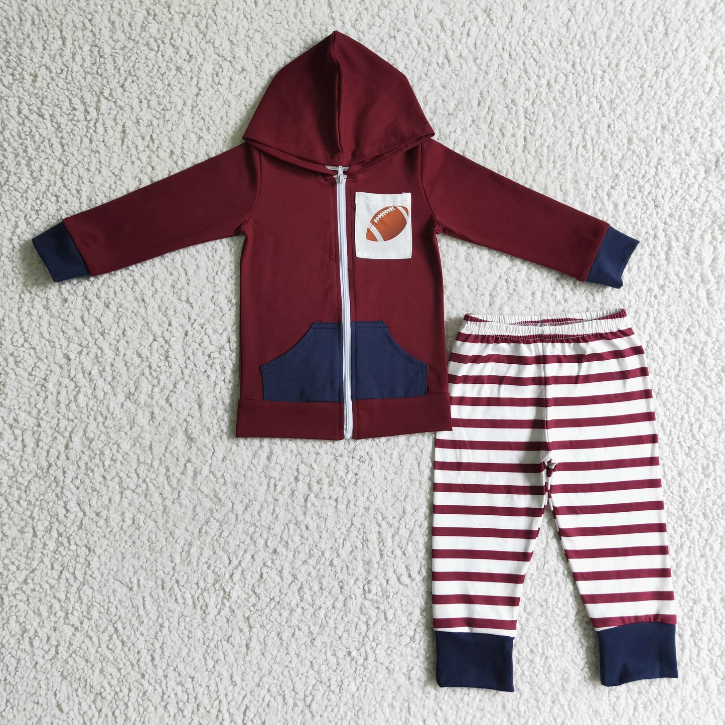 Promotion Boys Kids Football Zipper Hoodie Pockets Cardigan Stripes Pants RTS