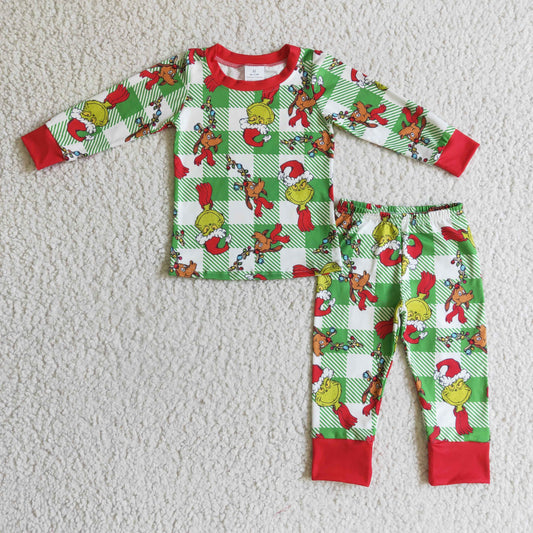 Promotion Baby Boys Long Sleeves Green Face Plaid Shirt Pants Pajamas Outfit RTS