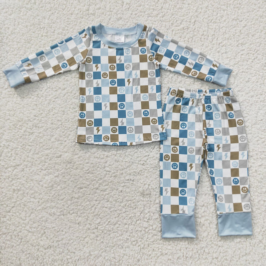 Promotion Baby Boy Long Sleeves Shirt Pants Smile Checkered Outfit Pajamas RTS
