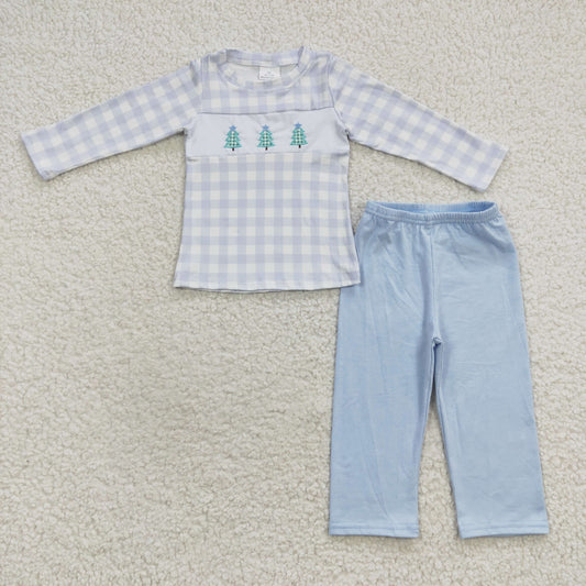 Promotion Baby Boy Christmas Embroidery Tree Long Sleeves Shirt Pants Blue Outfit RTS