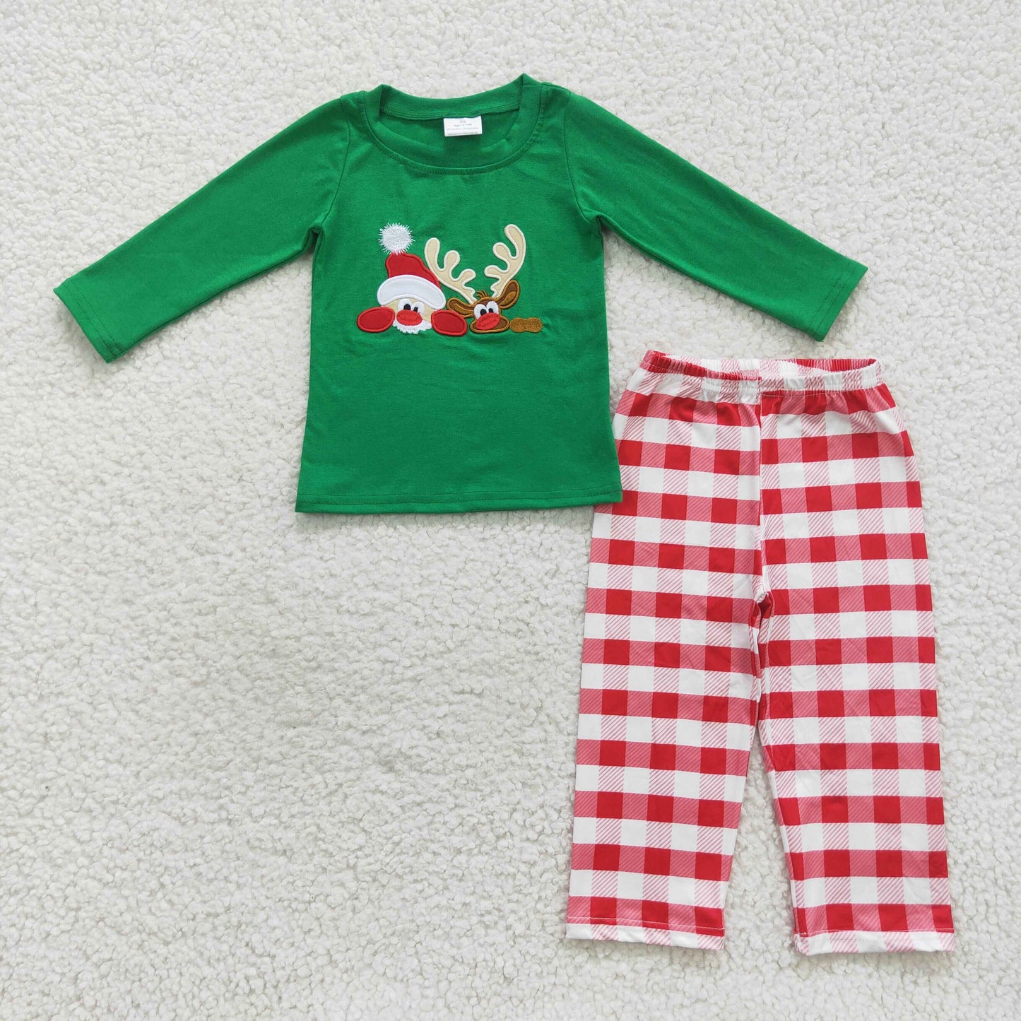 Promotion Baby Boy Long Sleeves Santa Deer Plaid Pants Christmas Embroidery Pajamas Outfit