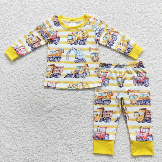Promotion Baby Boy Long Sleeves Stripes Constrcution Shirt Pants Pajamas Outfit RTS
