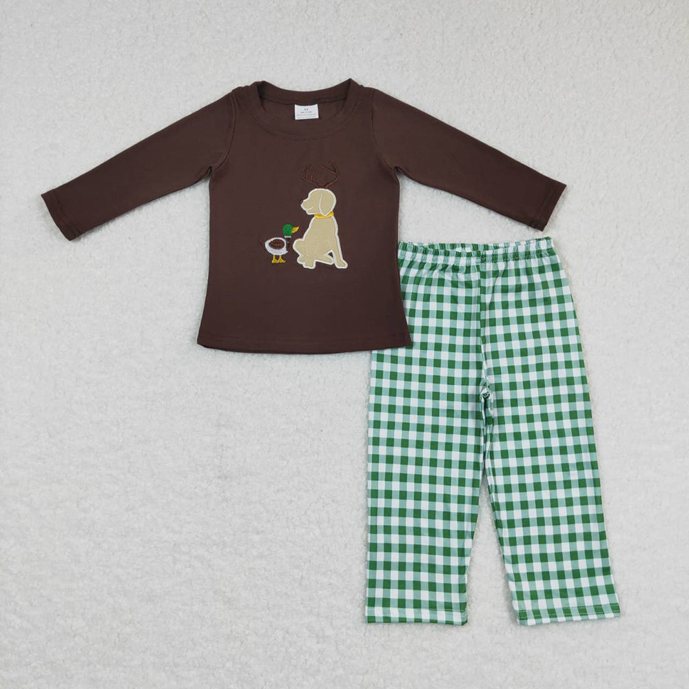 Baby Boy Long Sleeves Dogs Ducks Embroidery Shirt Pants Set Sibling Hunting Clothes RTS