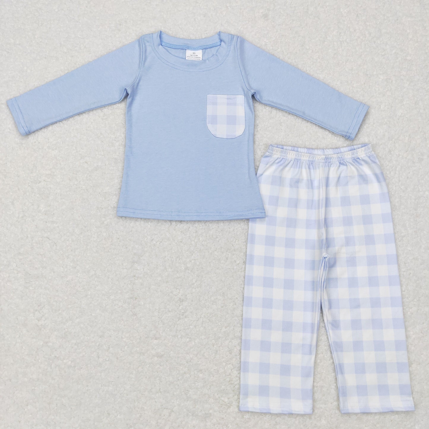 Promotion Baby Boy Blue Long Sleeves Pocket Shirt Plaid Pants Outfit Pajamas RTS