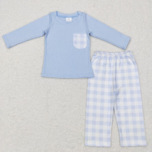 Promotion Baby Boy Blue Long Sleeves Pocket Shirt Plaid Pants Outfit Pajamas RTS