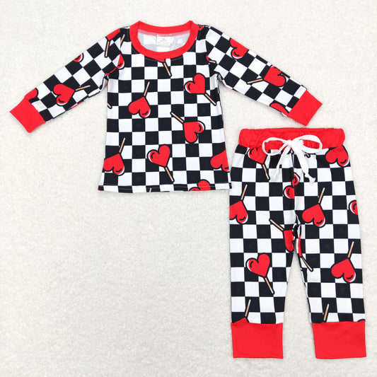 Promotion Baby Kids Long Sleeves Shirt Valentine's Hearts Checkered Pants Set Pajamas RTS