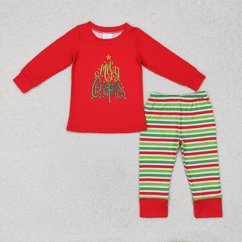 Sibling Boys Girls Kids Merry Christmas Red Shirt Stripes Pants Christmas Pajamas Set RTS