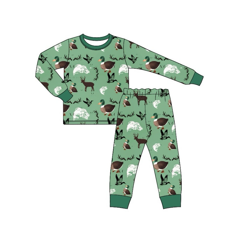 Pre-order Baby Boy Ducks Deer Hunting Green Shirt Pants Pajamas Set