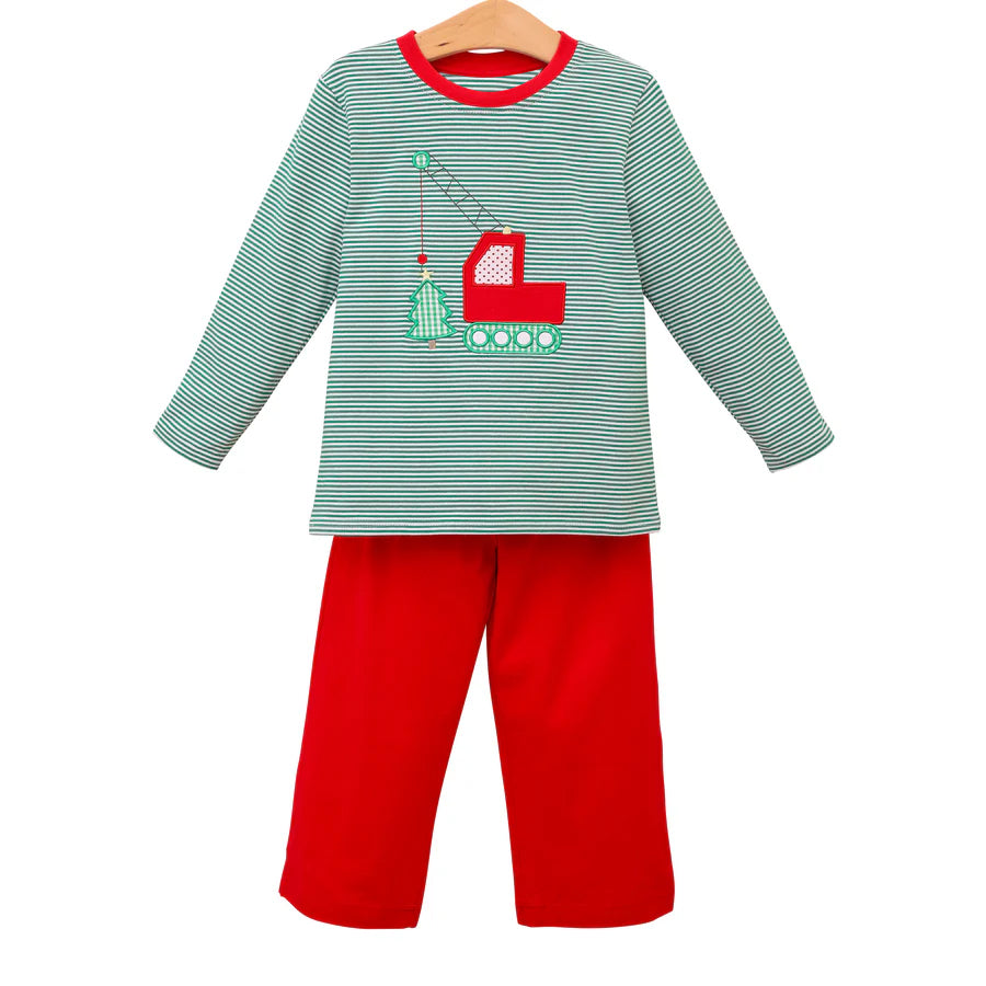 Pre-order Baby Boy Christmas Green Stripes Construction Tree Shirt Pants Set