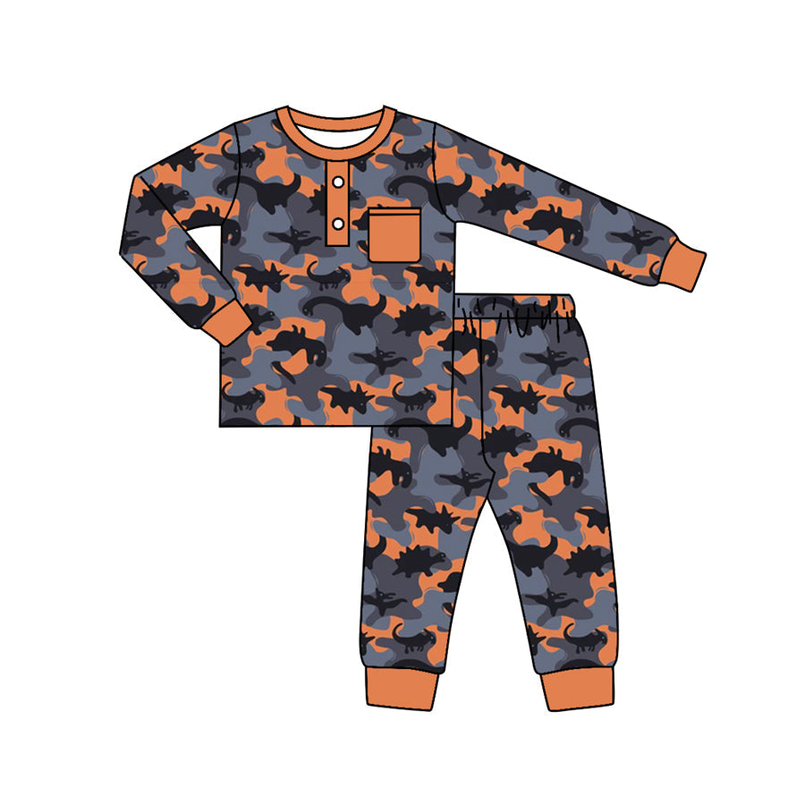 Pre-order Baby Boy Orange Grey Dinosaurs Camo Shirt Pants Pajamas Set